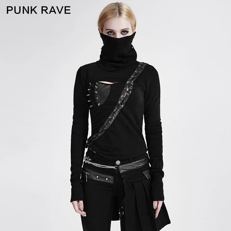 T-436 Steampunk black High Neck Asymmetrical Knit Punk Shirts