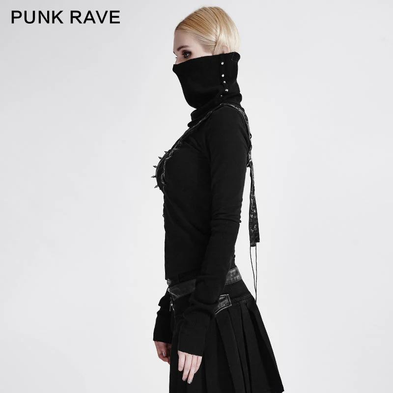 T-436 Steampunk black High Neck Asymmetrical Knit Punk Shirts - Image 2