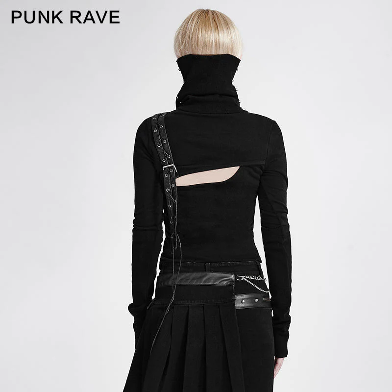 T-436 Steampunk black High Neck Asymmetrical Knit Punk Shirts - Image 3