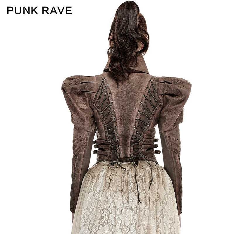Y-660 Steampunk black Short Punk Trench Coat With High Collar - Image 4