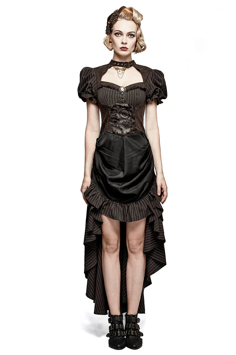 Q-315 Steampunk British Style Coffee Puff Sleeve High Low Punk Dress - Image 6