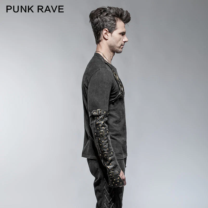 T-427 Steampunk Metal Eyelets Long Sleeve Cotton Punk Shirts For Men - Image 2