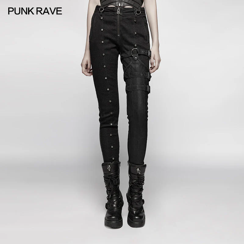WK-348 Steampunk Micro-elastic Contrasting Color Denim Trousers