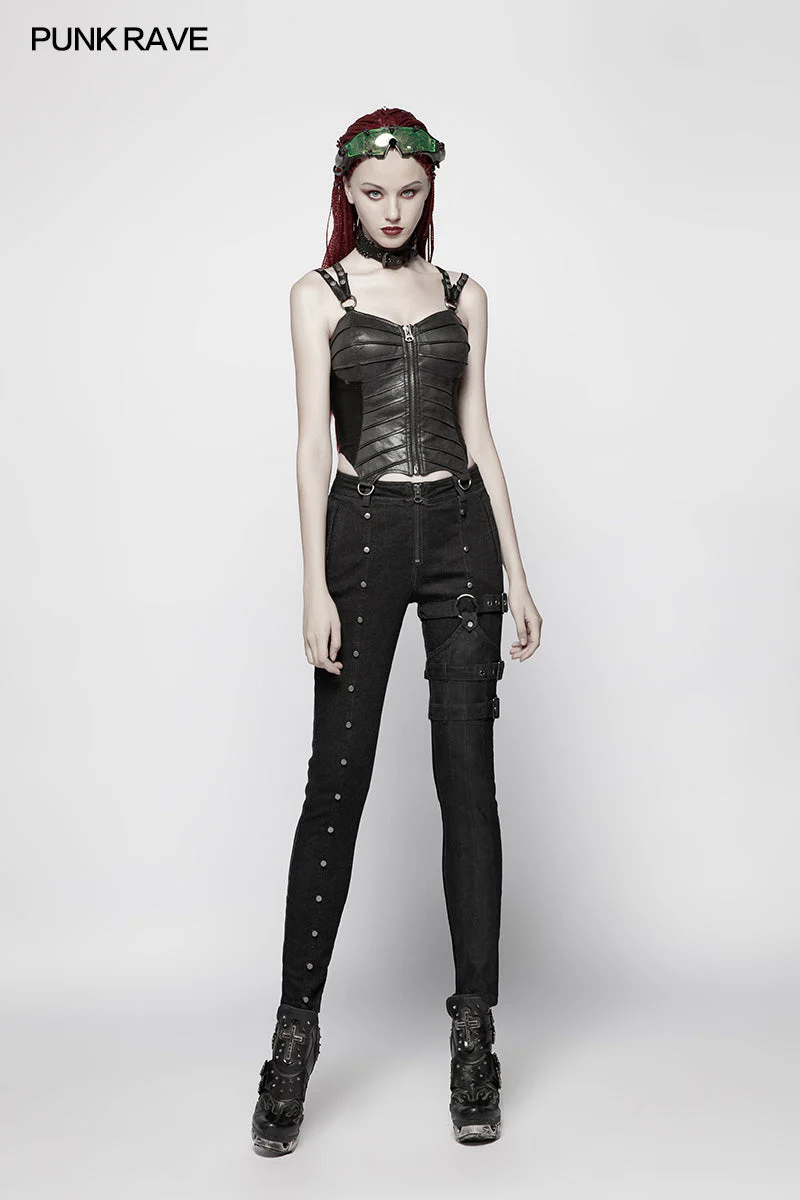 WK-348 Steampunk Micro-elastic Contrasting Color Denim Trousers - Image 6