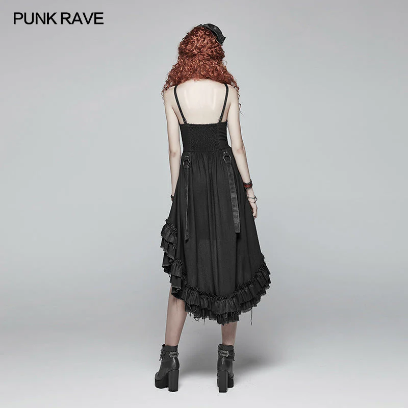 WQ-390 Steampunk Pleated Two-Layer Ruffled Hem High-Low Dress - Image 3