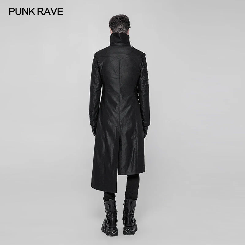 WY-925 Steampunk Shiny Twill Crack Leather Asymmetric Jacket Punk Stand Collar Long Coat For Men - Image 3