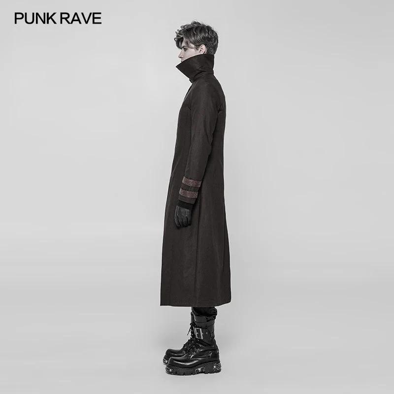 WY-925 Steampunk Shiny Twill Crack Leather Asymmetric Jacket Punk Stand Collar Long Coat For Men - Image 7