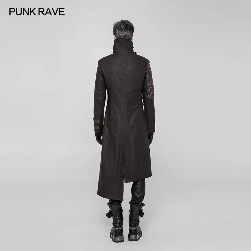 WY-925 Steampunk Shiny Twill Crack Leather Asymmetric Jacket Punk Stand Collar Long Coat For Men - Image 8