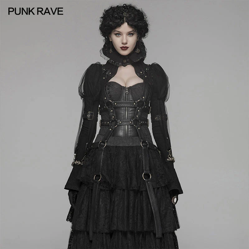 WY-1047 Steampunk Standing Collar Long Sleeve Cross Short Coat
