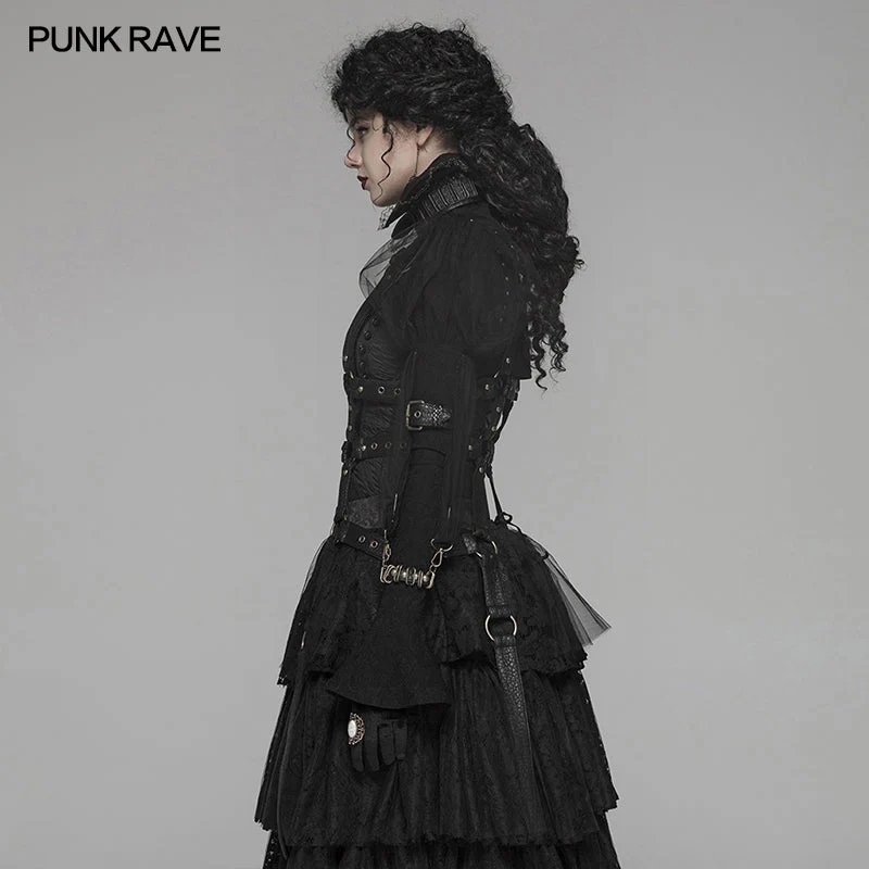 WY-1047 Steampunk Standing Collar Long Sleeve Cross Short Coat - Image 2