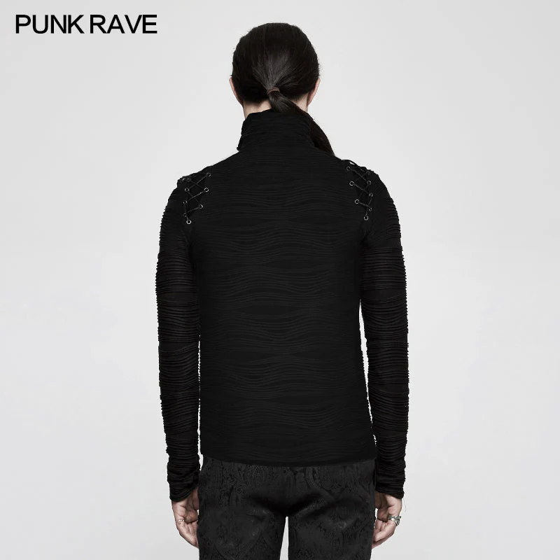 T-485 Stereo Stripe Elastic Knitted Gothic T-shirts With High Neck Collar - Image 3