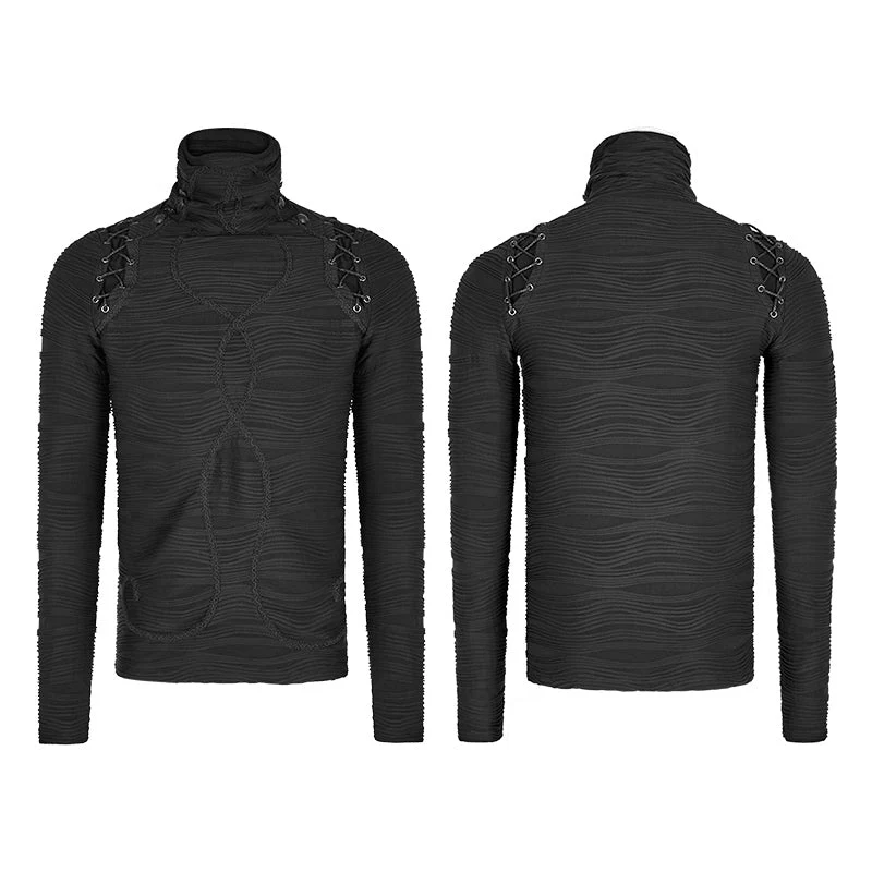 T-485 Stereo Stripe Elastic Knitted Gothic T-shirts With High Neck Collar - Image 4