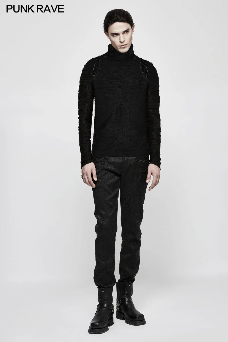 T-485 Stereo Stripe Elastic Knitted Gothic T-shirts With High Neck Collar - Image 6