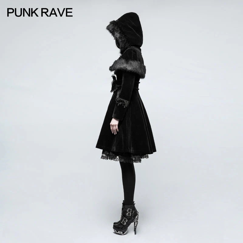 LY-065 Sweet Lolita Style Velvet Hooded Gothic Coat With Tiered Lace - Image 2