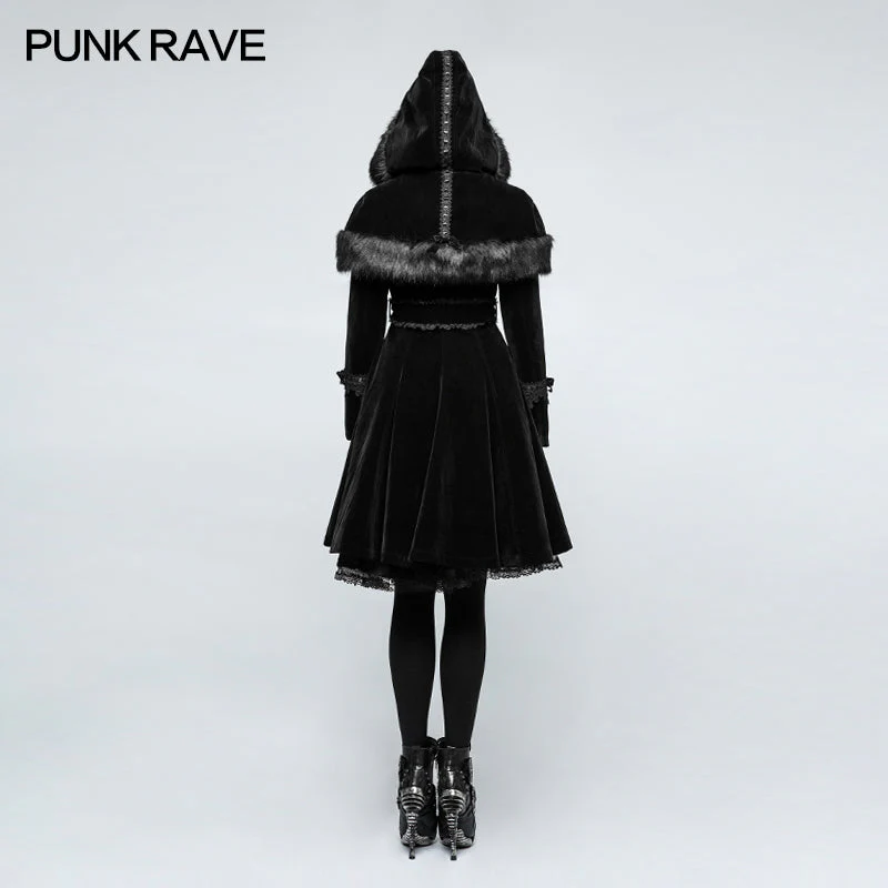 LY-065 Sweet Lolita Style Velvet Hooded Gothic Coat With Tiered Lace - Image 3