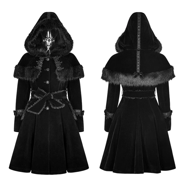 LY-065 Sweet Lolita Style Velvet Hooded Gothic Coat With Tiered Lace - Image 4