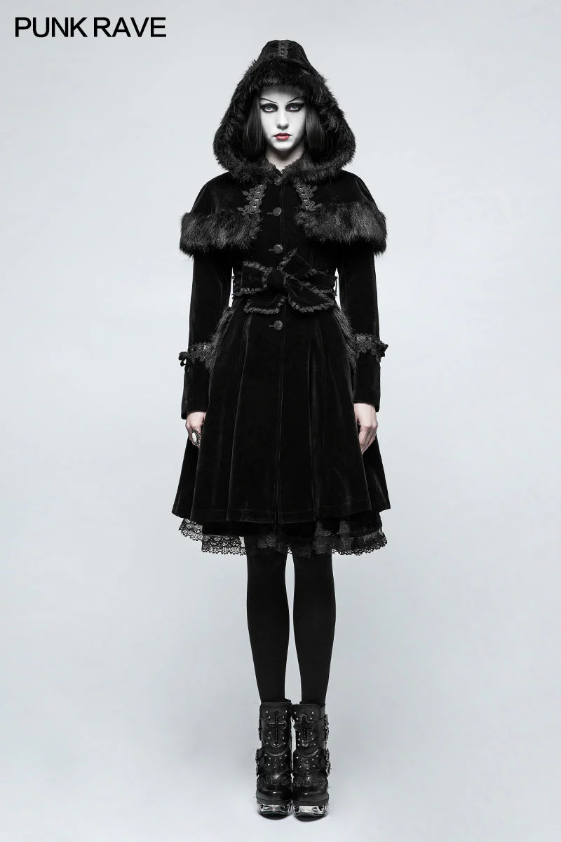 LY-065 Sweet Lolita Style Velvet Hooded Gothic Coat With Tiered Lace - Image 6