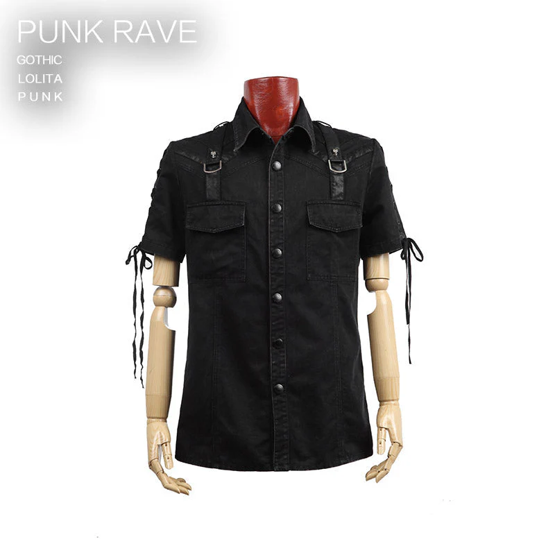 Y-530 Top Sale Rope-tying Short Sleeve Denim Punk Shirts - Image 4