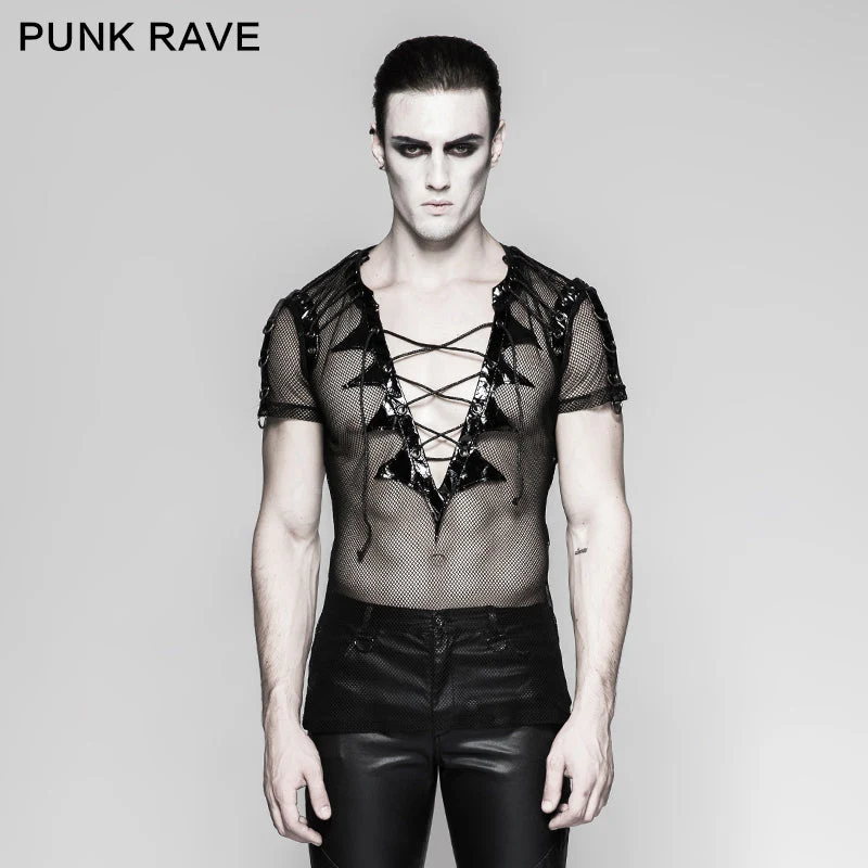 T-468 Transparent Short Sleeves Gothic T-shirts With Bat Wings Collar