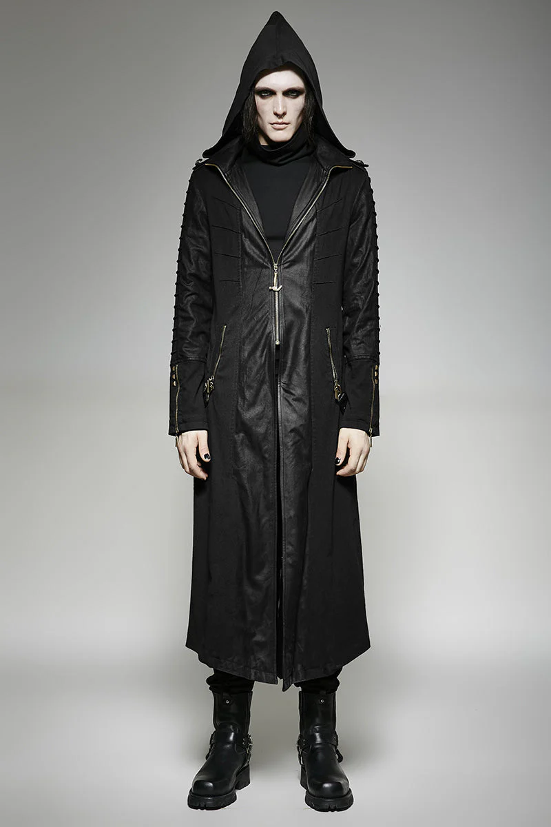 Y-707 Twill Fabric And Stitching Zippered Gothic Trench Coats With A Hood - Image 11