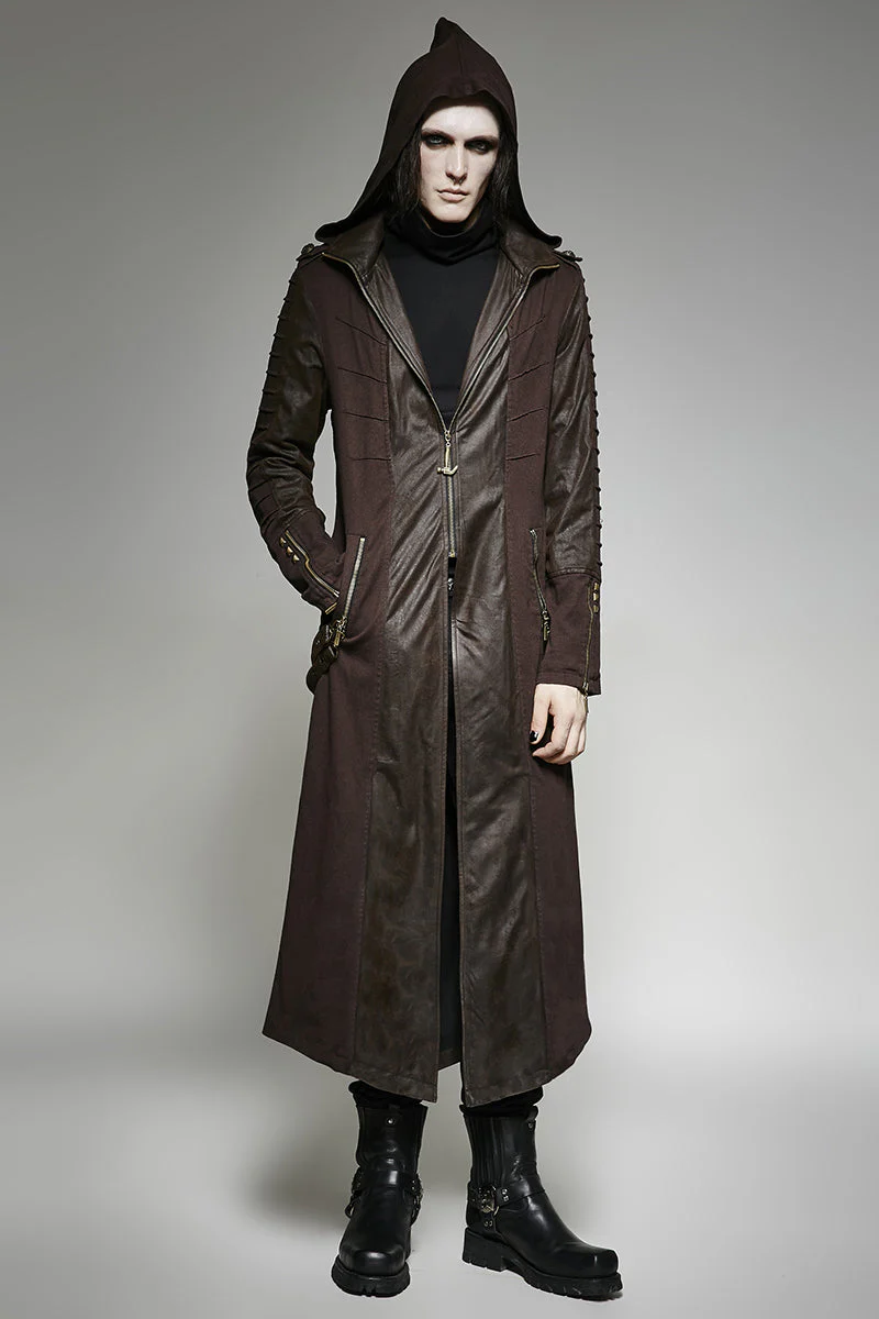 Y-707 Twill Fabric And Stitching Zippered Gothic Trench Coats With A Hood - Image 12