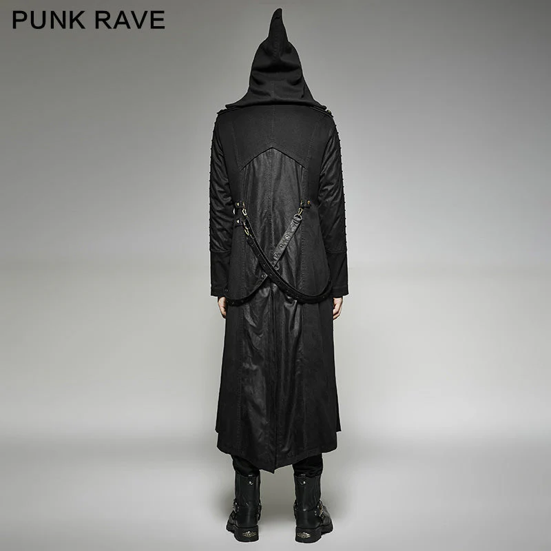 Y-707 Twill Fabric And Stitching Zippered Gothic Trench Coats With A Hood - Image 3