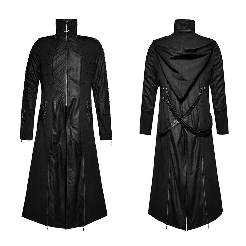 Y-707 Twill Fabric And Stitching Zippered Gothic Trench Coats With A Hood - Image 4