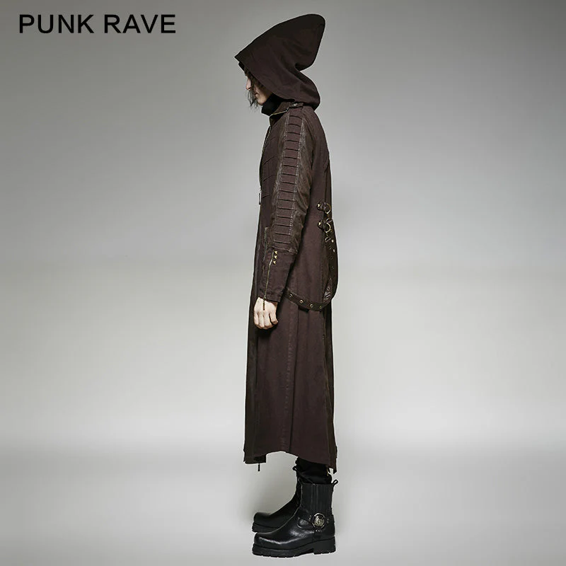 Y-707 Twill Fabric And Stitching Zippered Gothic Trench Coats With A Hood - Image 7
