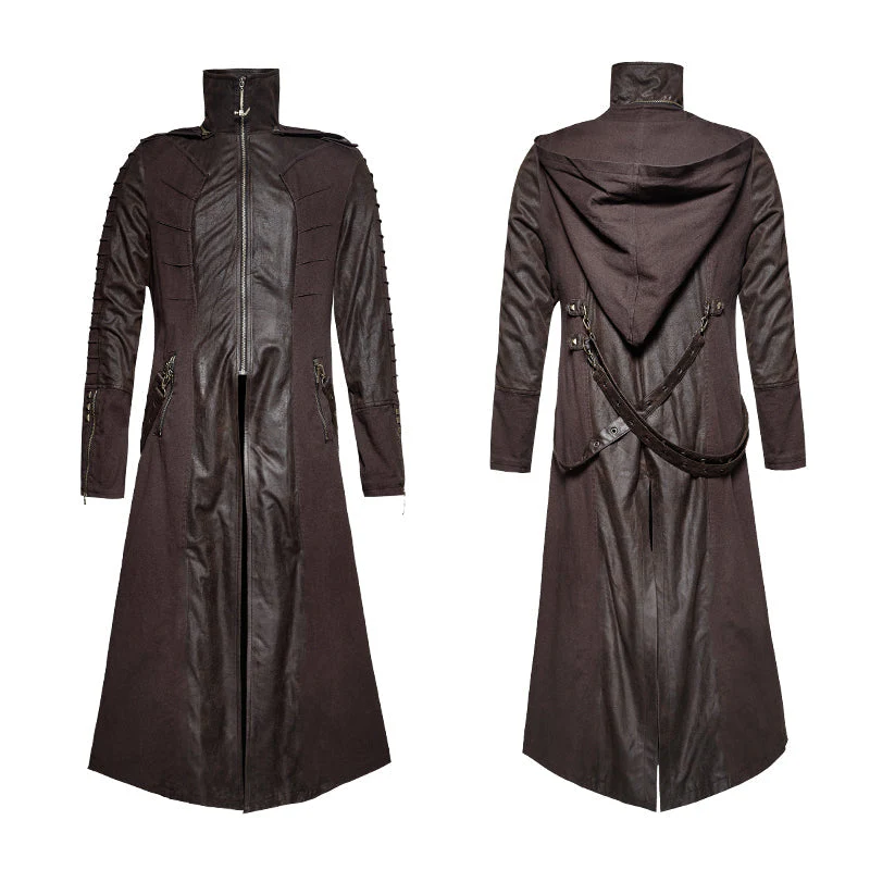 Y-707 Twill Fabric And Stitching Zippered Gothic Trench Coats With A Hood - Image 9
