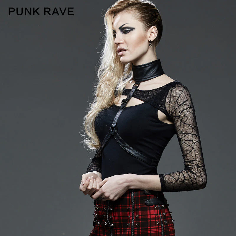 T-402 Two-piece Lace Mesh Cotton Backless Skinny Gothic Shirt - Image 3