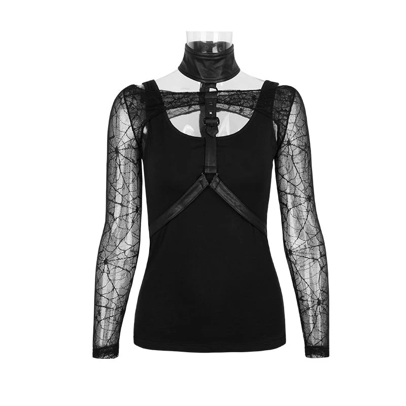 T-402 Two-piece Lace Mesh Cotton Backless Skinny Gothic Shirt - Image 4