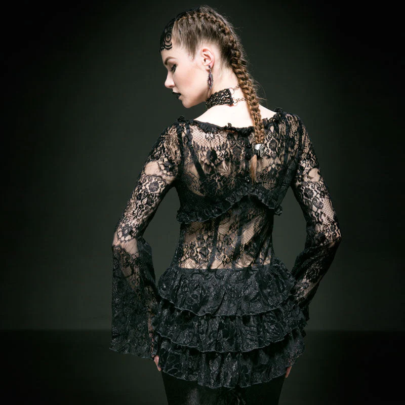 Y-535 Vintage Bell Long Lace Sleeve Gothic Shirt With Deep Neck - Image 2