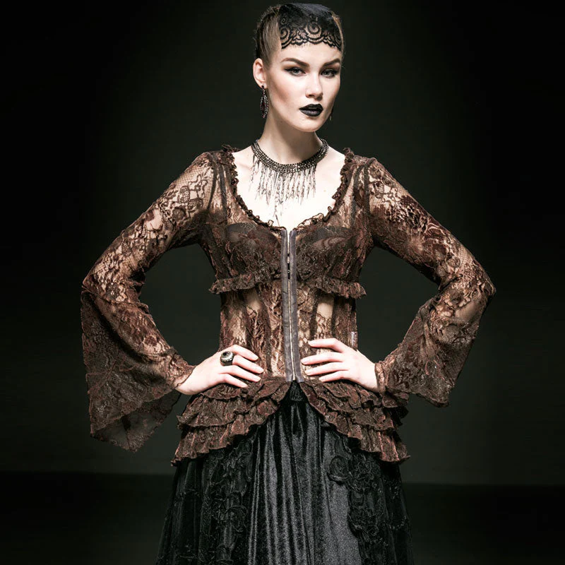 Y-535 Vintage Bell Long Lace Sleeve Gothic Shirt With Deep Neck - Image 3