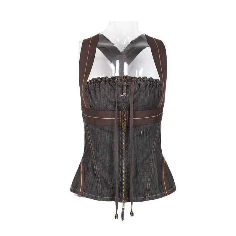 Y-574 Vintage Ladies Denim Vest Punk Accessories Suspenders - Image 4
