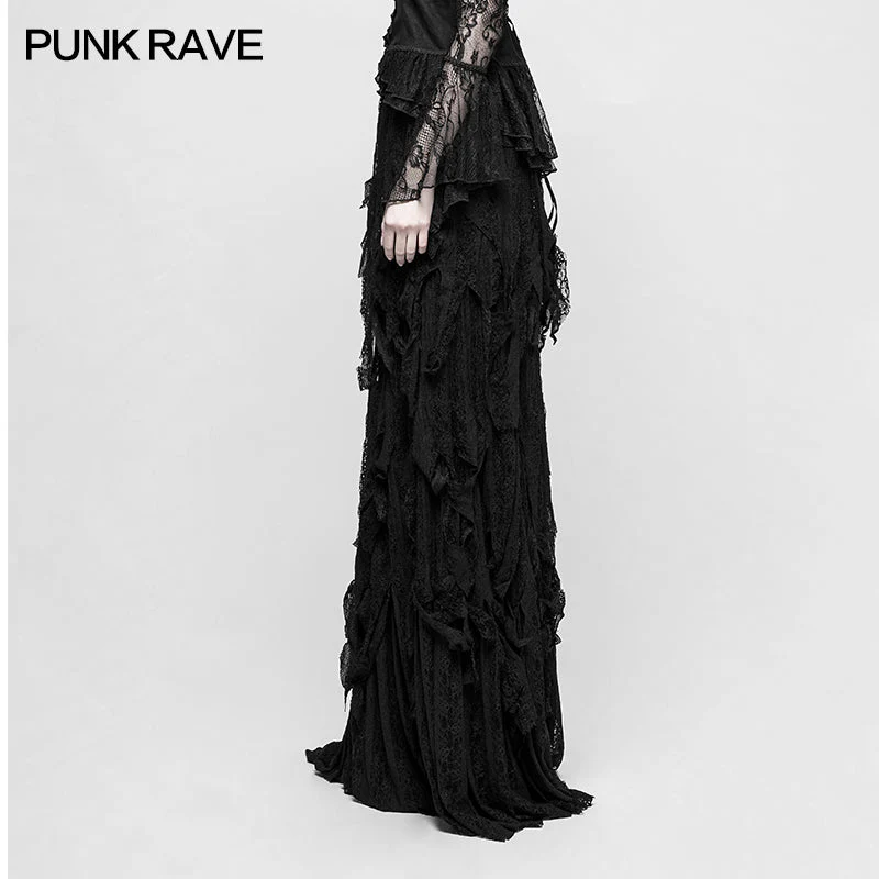 Q-326 Vintage Style black Gothic Skirt Multi-layer Stripe Mesh Design - Image 2