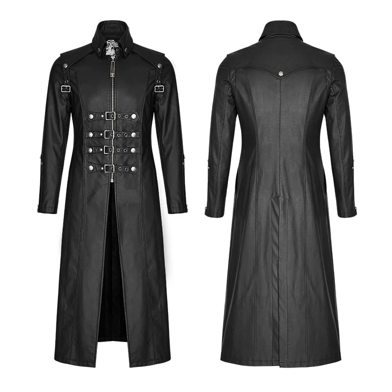 Y-809 Winter Men Long Leather Punk Coat With Stand-up Collar - Image 4