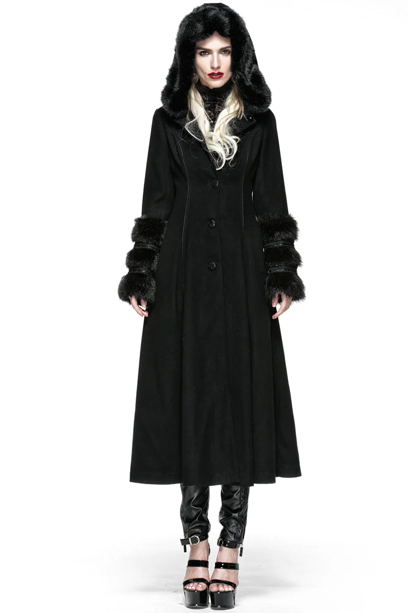 LY-036 Winter Woolen Long black Gothic Coat For Women Two Wear Imitation Fur Coat - Image 6