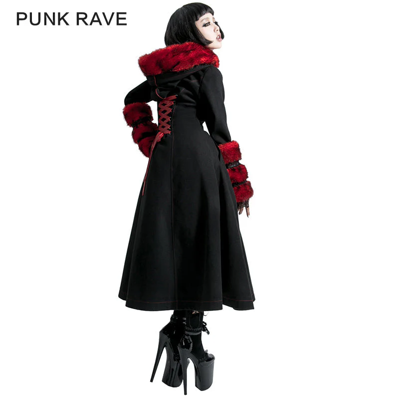 LY-036 Winter Woolen Long black Gothic Coat For Women Two Wear Imitation Fur Coat - Image 8