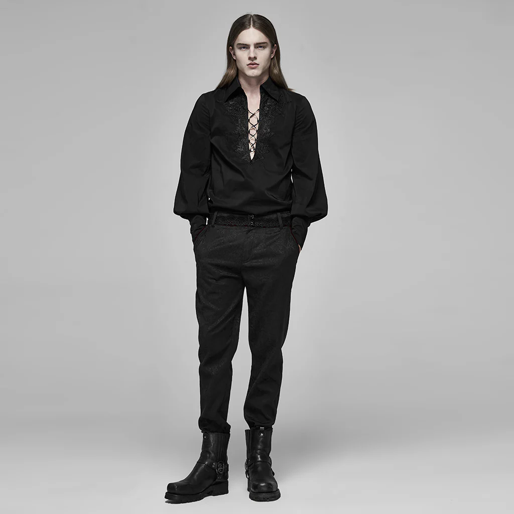 WK-403XCM Gothic Pants Elegant Textured Slim Fit Trousers Black - Image 16