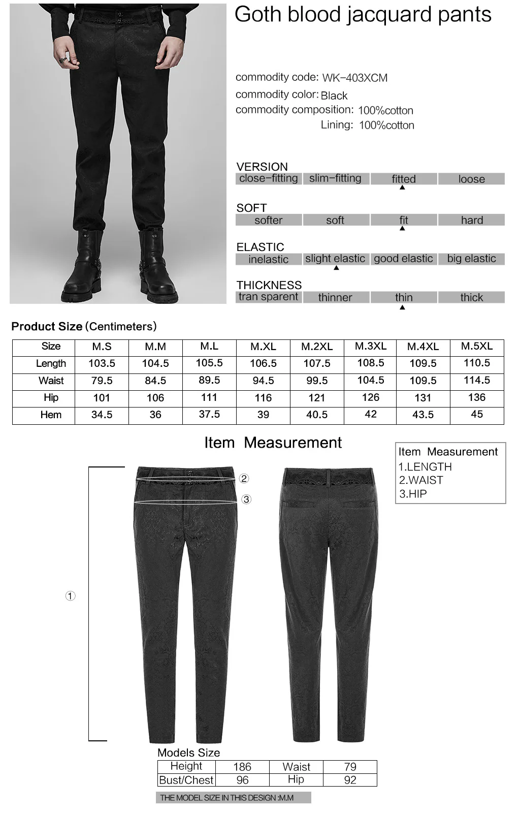 WK-403XCM Gothic Pants Elegant Textured Slim Fit Trousers Black - Image 2