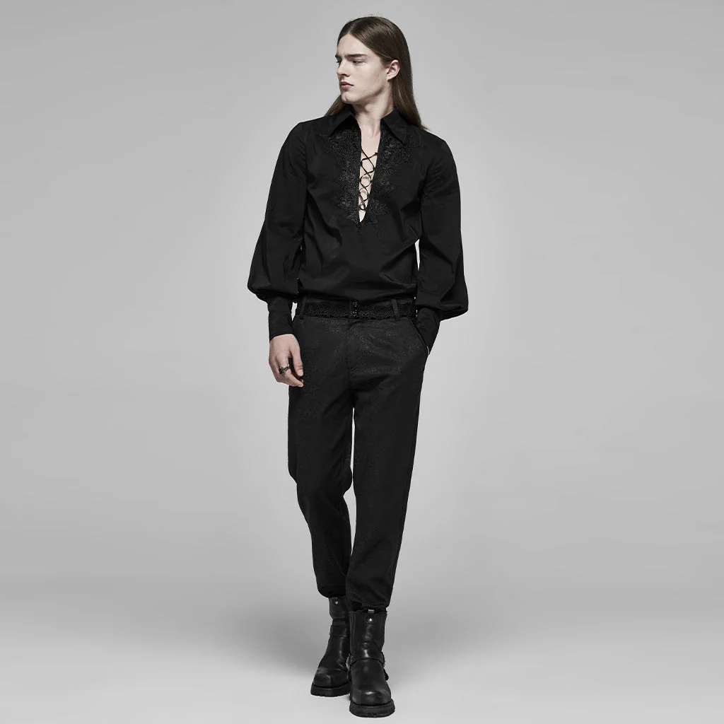 WK-403XCM Gothic Pants Elegant Textured Slim Fit Trousers Black - Image 45