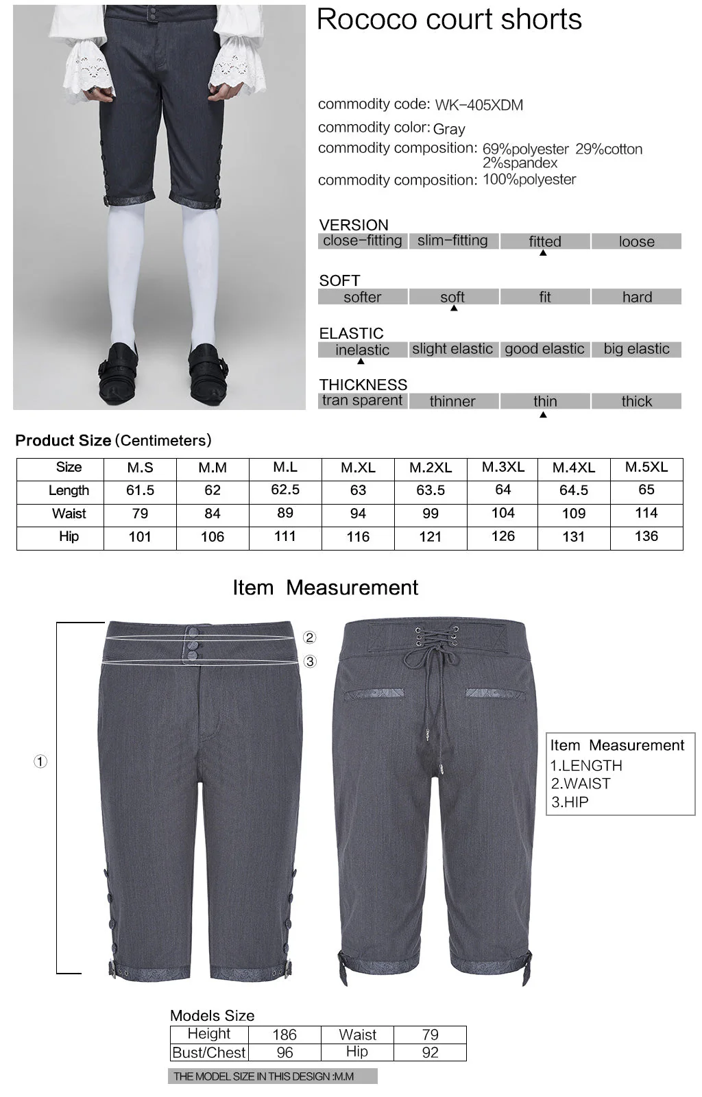 WK-405XDM Vintage Lace-Up Grey Punk Pants Knee-Length Buttons - Image 3