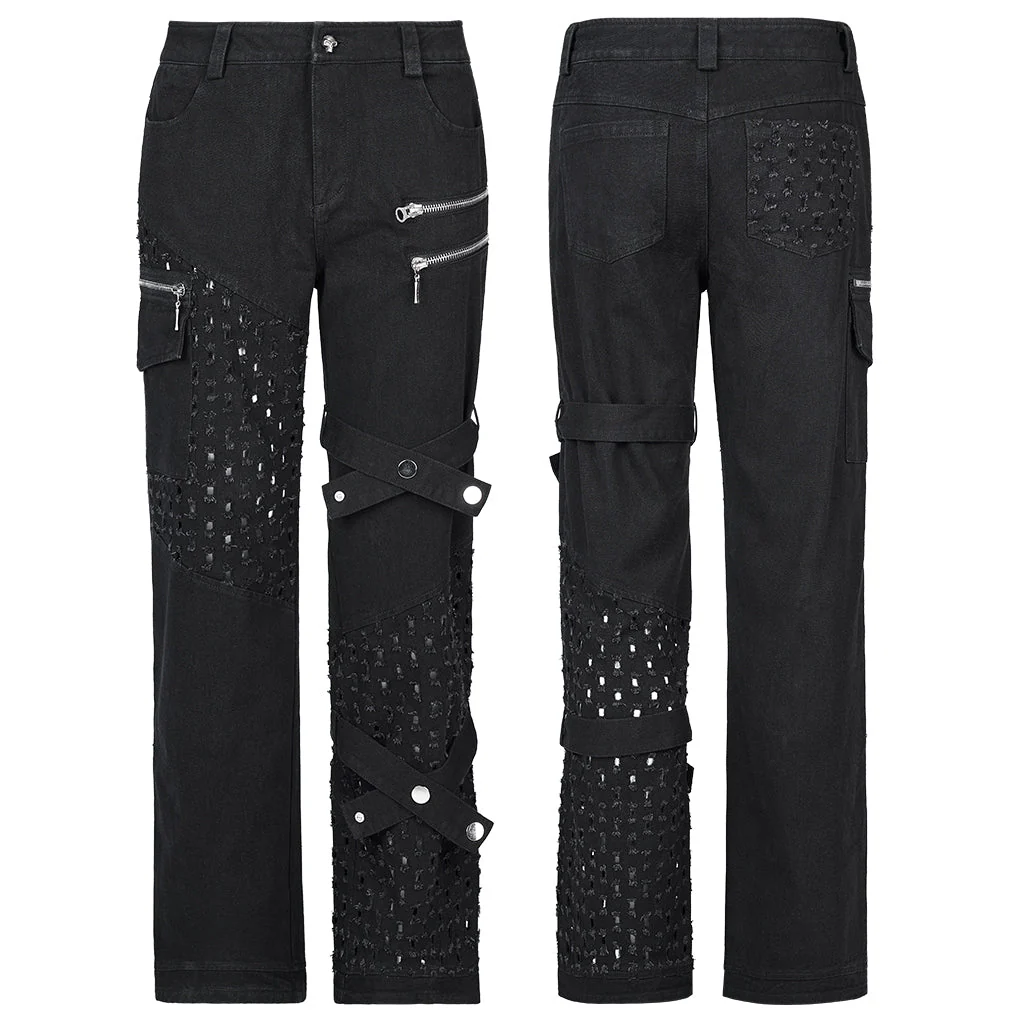 WK-494XCM Edgy Black Hole-Punctured Punk Pants with Zipper Accents - Image 16