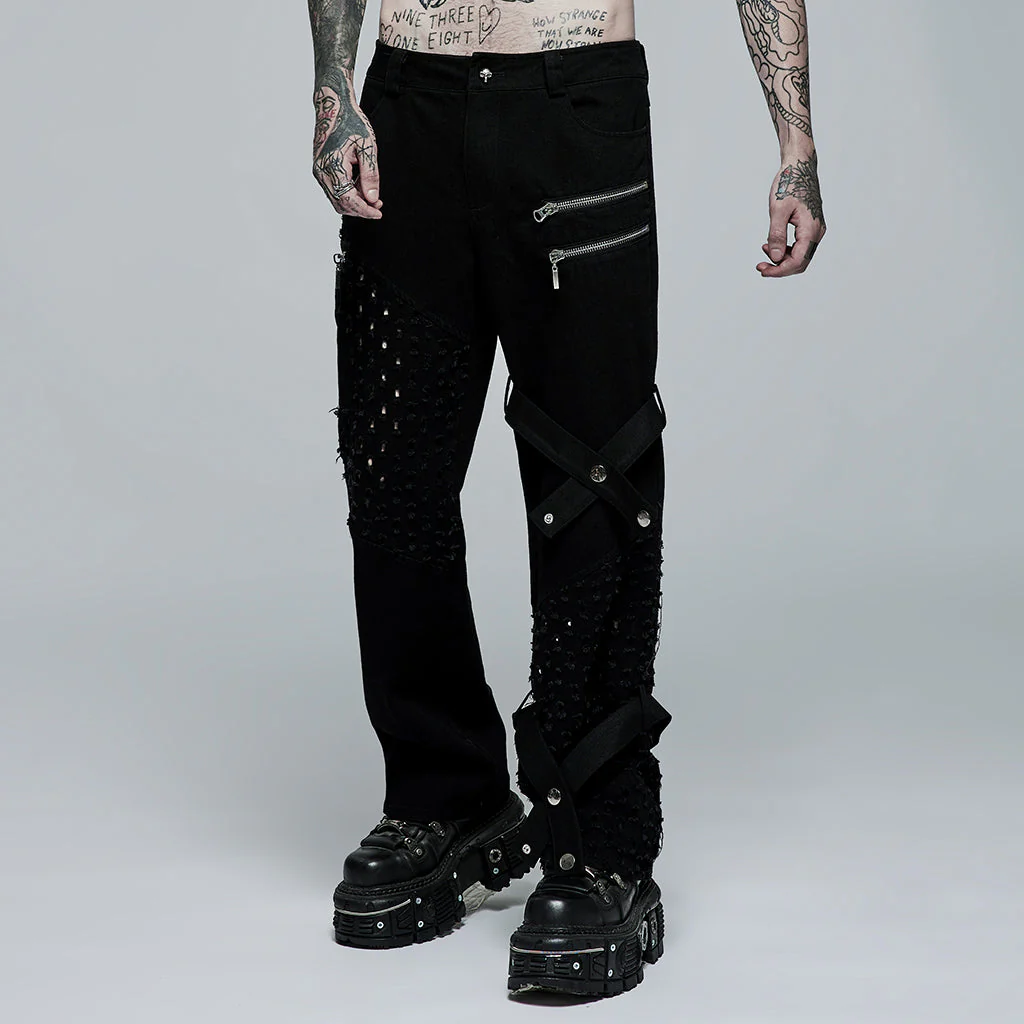 WK-494XCM Edgy Black Hole-Punctured Punk Pants with Zipper Accents - Image 21