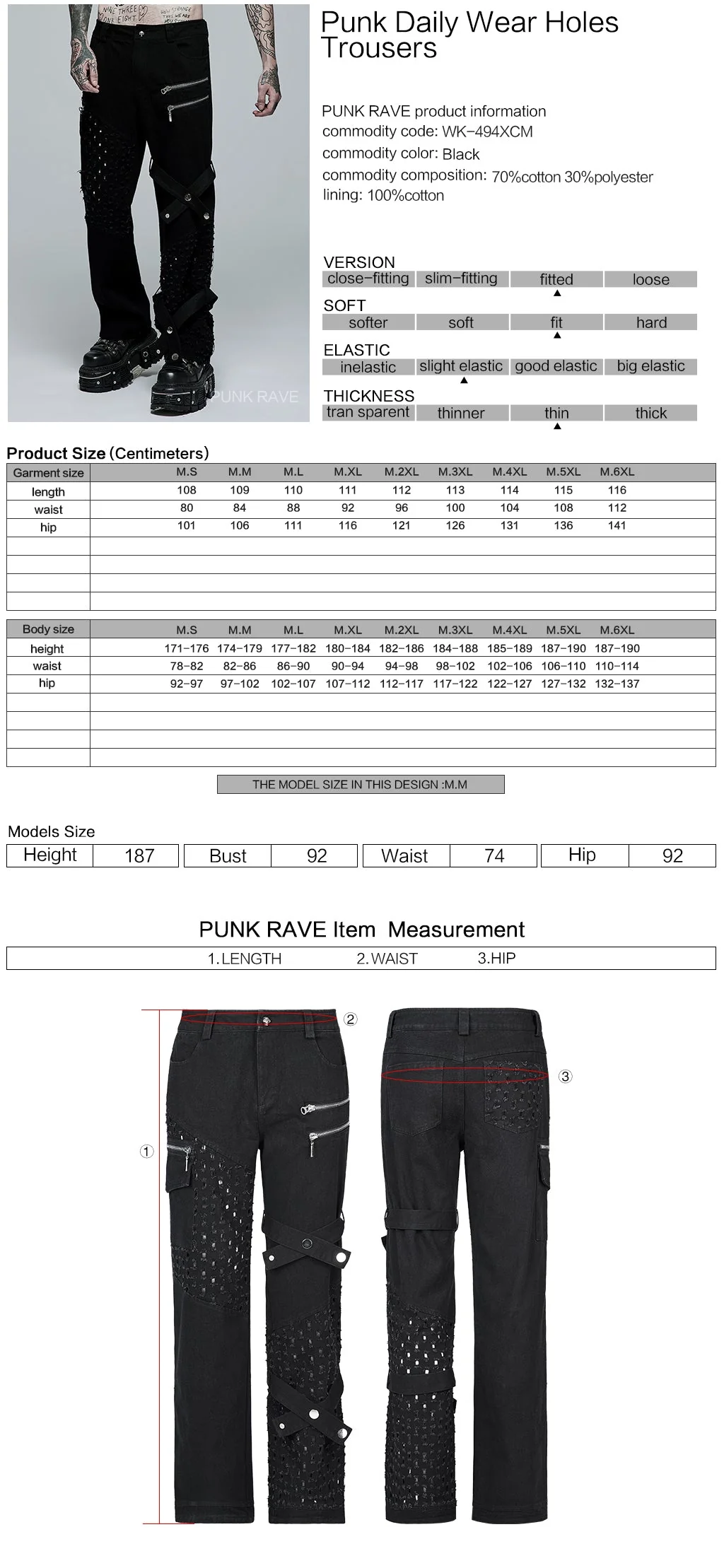 WK-494XCM Edgy Black Hole-Punctured Punk Pants with Zipper Accents - Image 22