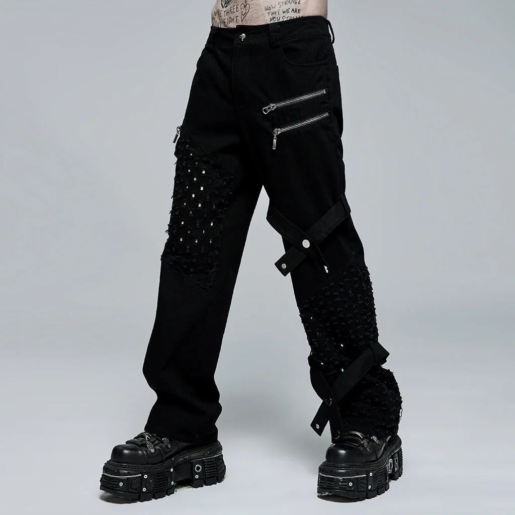 WK-494XCM Edgy Black Hole-Punctured Punk Pants with Zipper Accents - Image 3