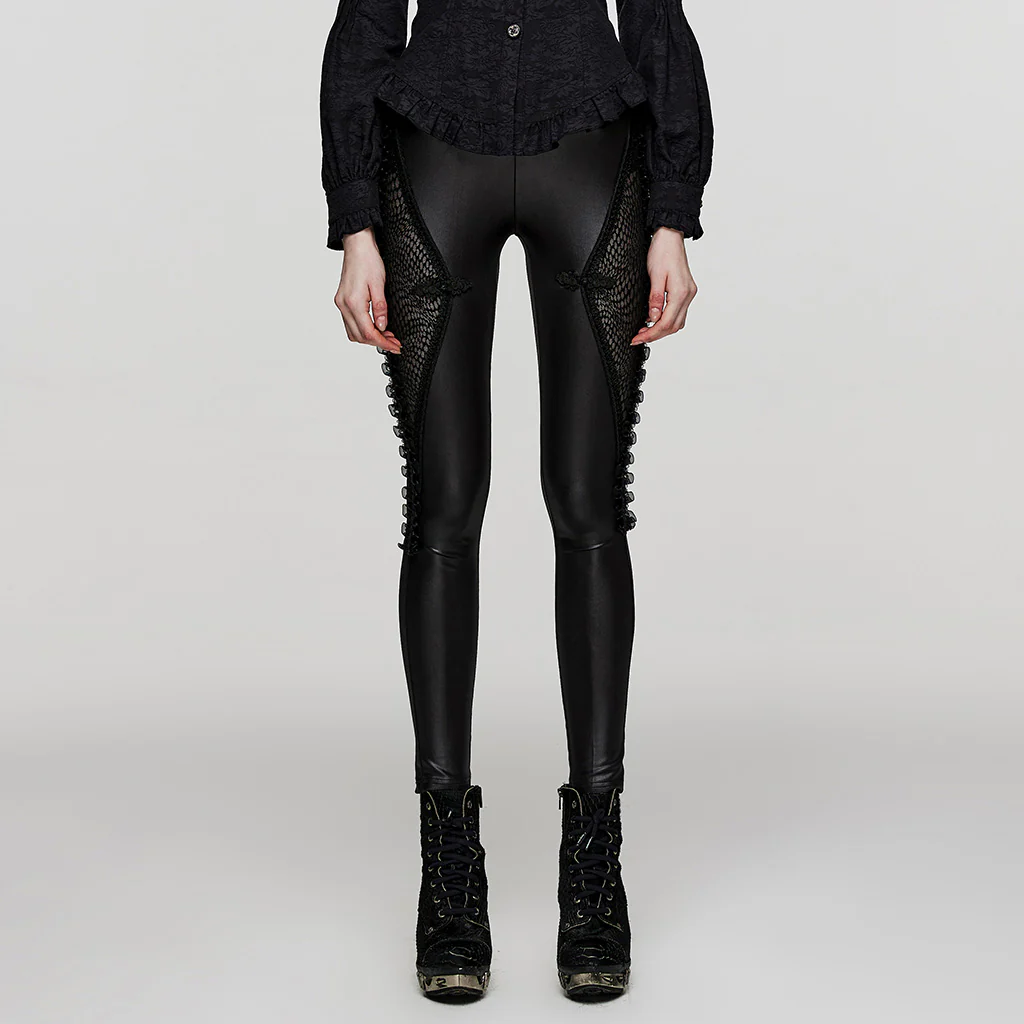 WK-574DDF Gothic Pants Mesh Panel Lace-Up Faux Leather Leggings