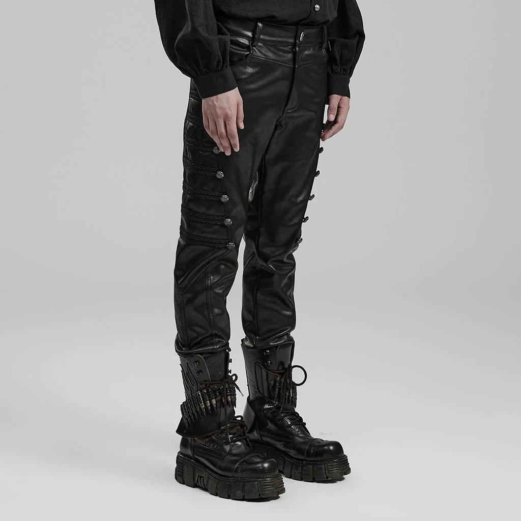 WK-583PCM Edgy black PU Pants with Side Buttoned Accents - Image 3