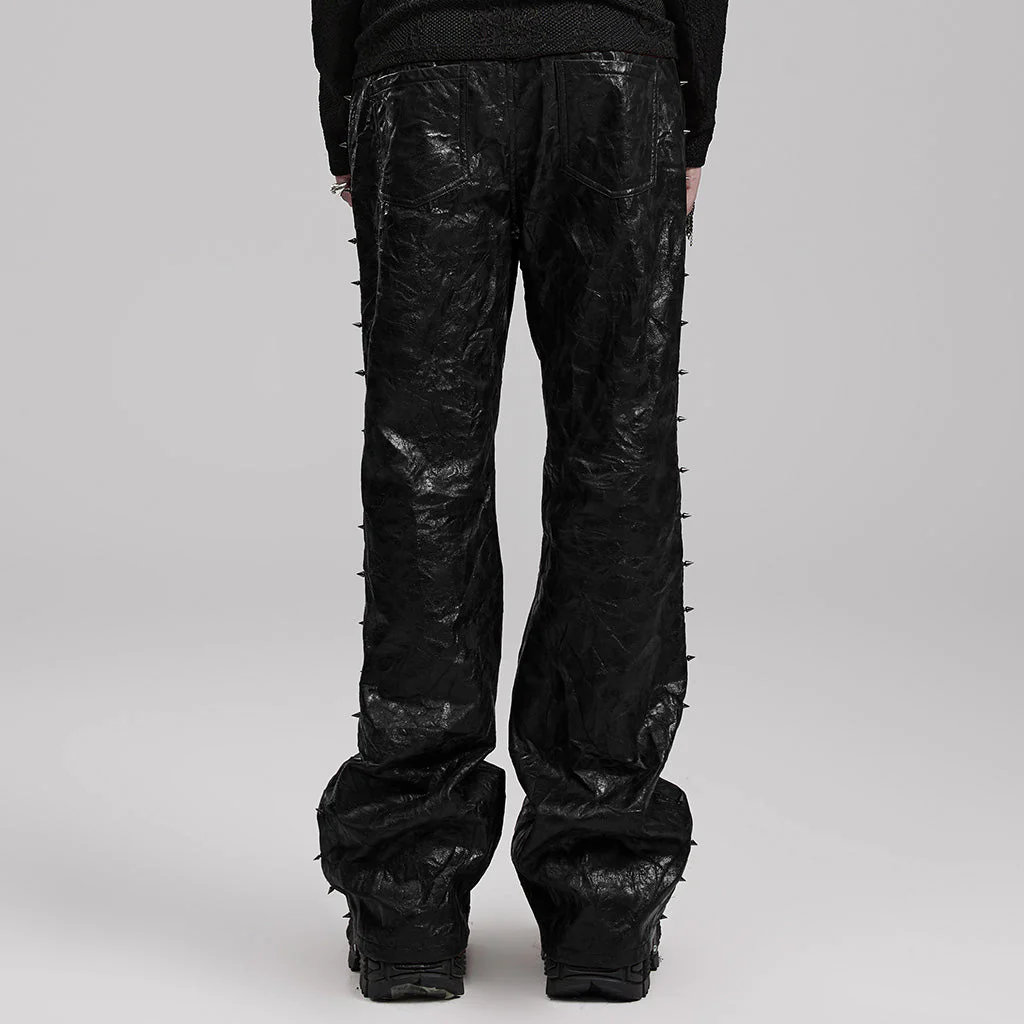 WK-585PCM Red Punk Textured Pleated Leather Pants with Spiked Sides - Image 15
