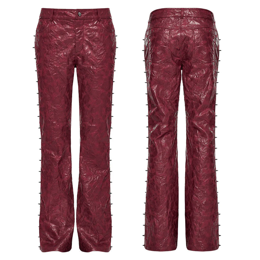 WK-585PCM Red Punk Textured Pleated Leather Pants with Spiked Sides - Image 24